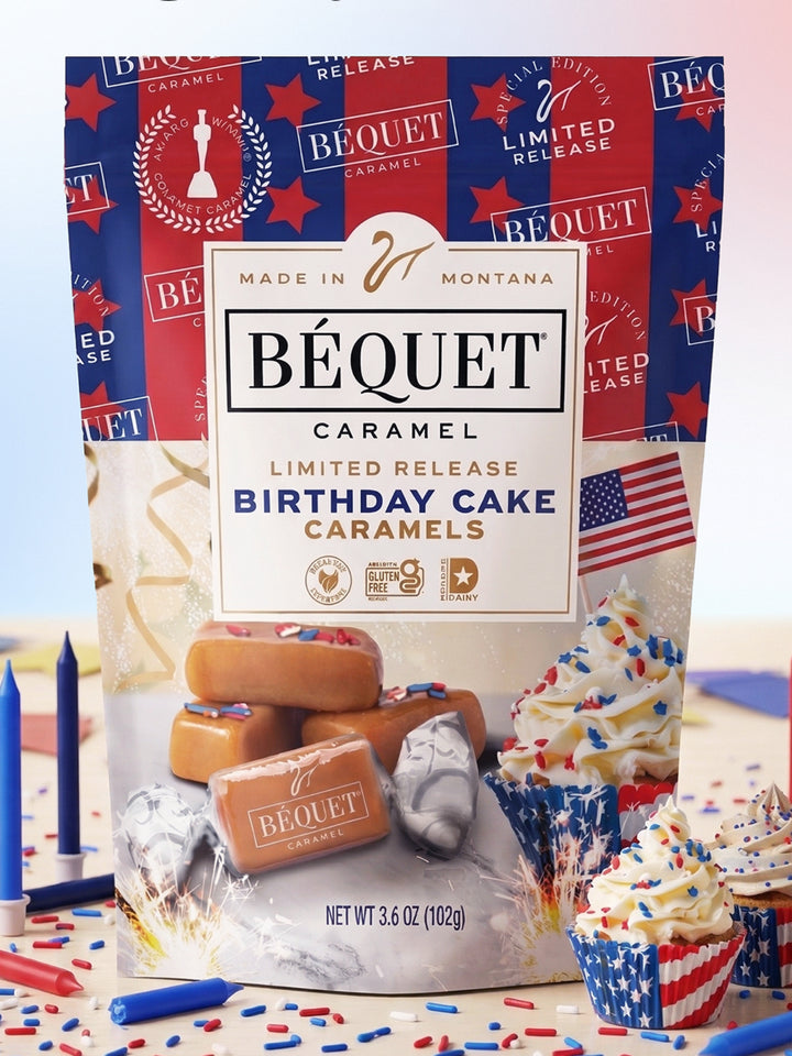 Birthday Cake Caramel pouch back — limited edition patriotic packaging by Béquet Confections