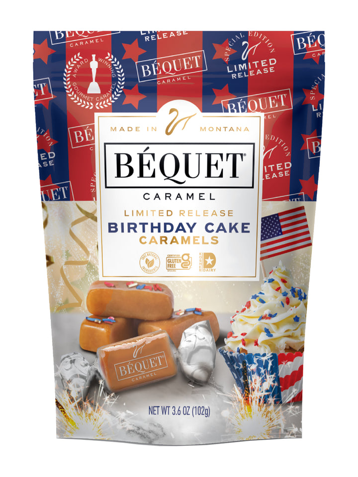Birthday Cake Caramel 3.6oz pouch front — Americas 250th Birthday limited edition by Béquet Confections
