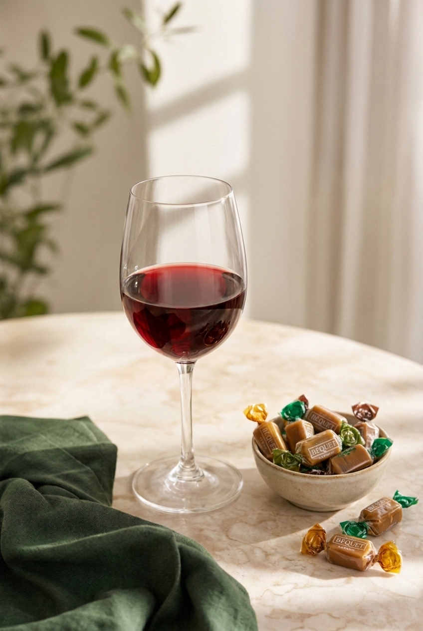 A clear wine glass partially filled with red wine sits on a light stone table beside a small bowl of assorted wrapped candies and a dark green cloth. Sunlight streams in from a window, with soft-focus greenery in the background.